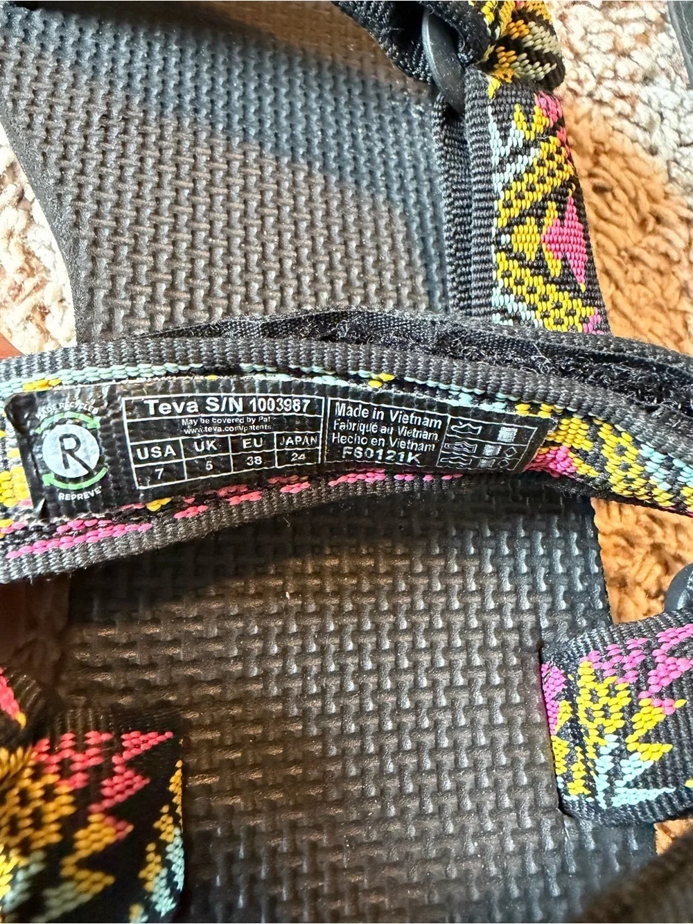 Teva Black Sandals with Yellow and Pink Aztec Straps
